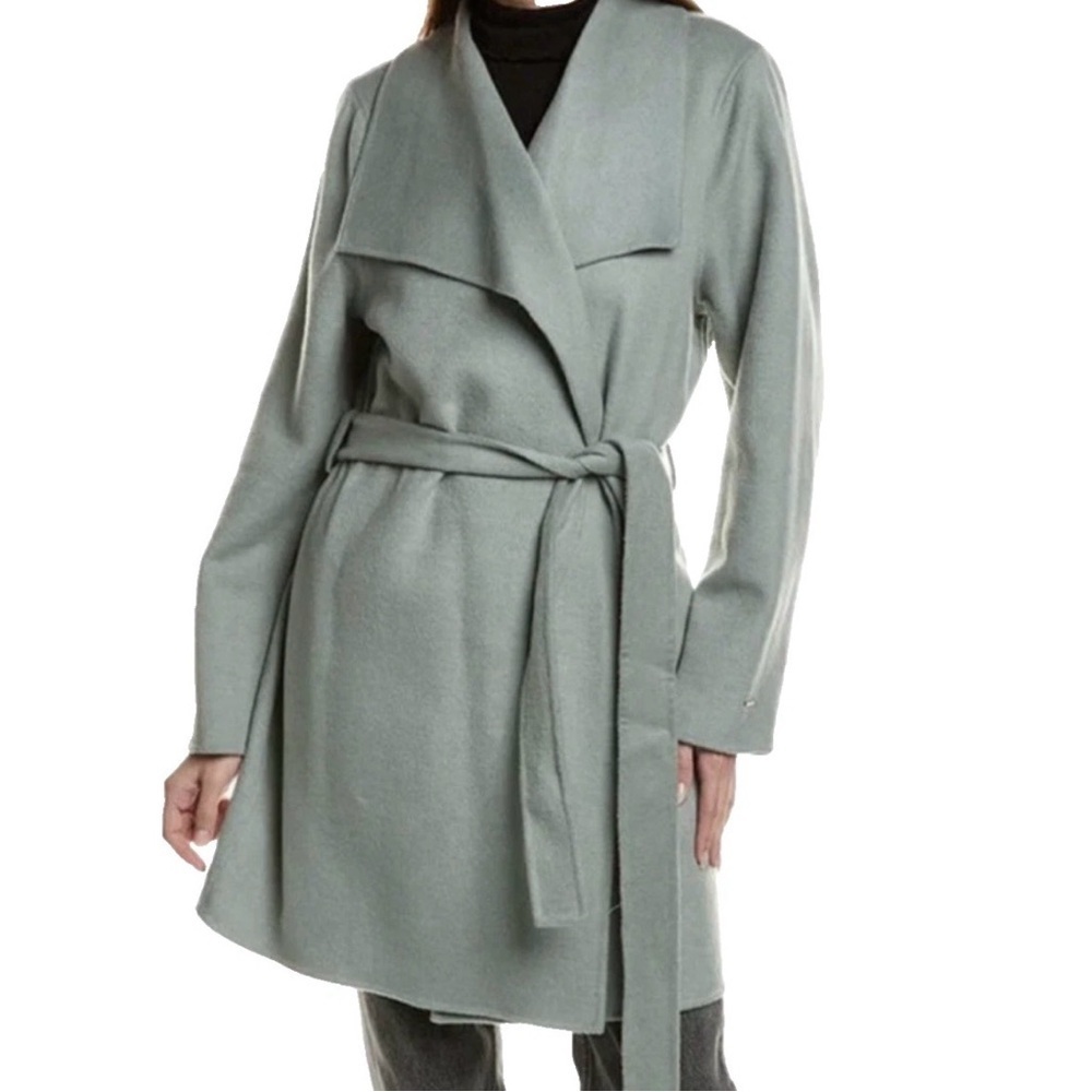 Elie Tahari Women's L Large Faux Suede One Button Coat Green Belted w. Pockets